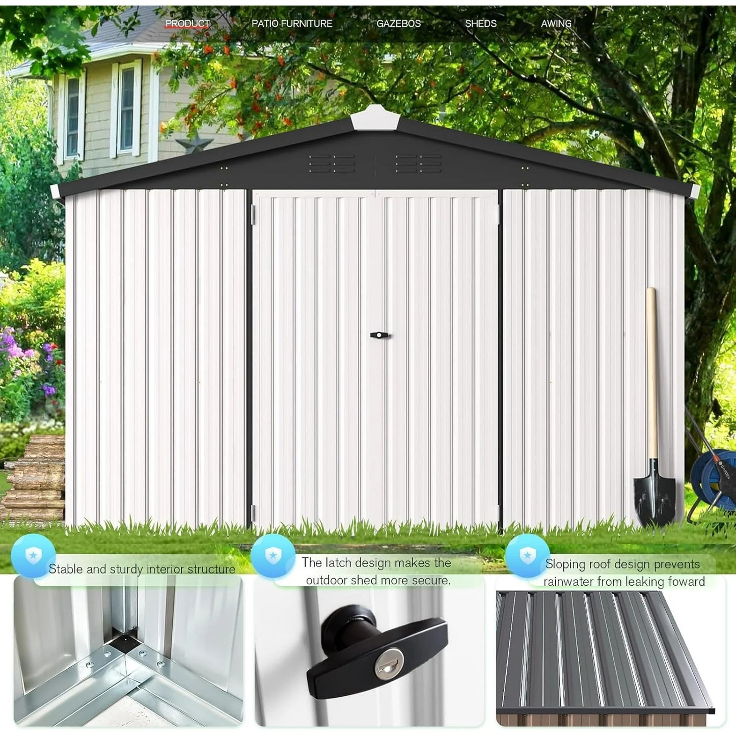 AECOJOY 10' x 14' Outdoor Storage Shed with Lockable Door Patio Metal Garden Storage Building in White for Outside