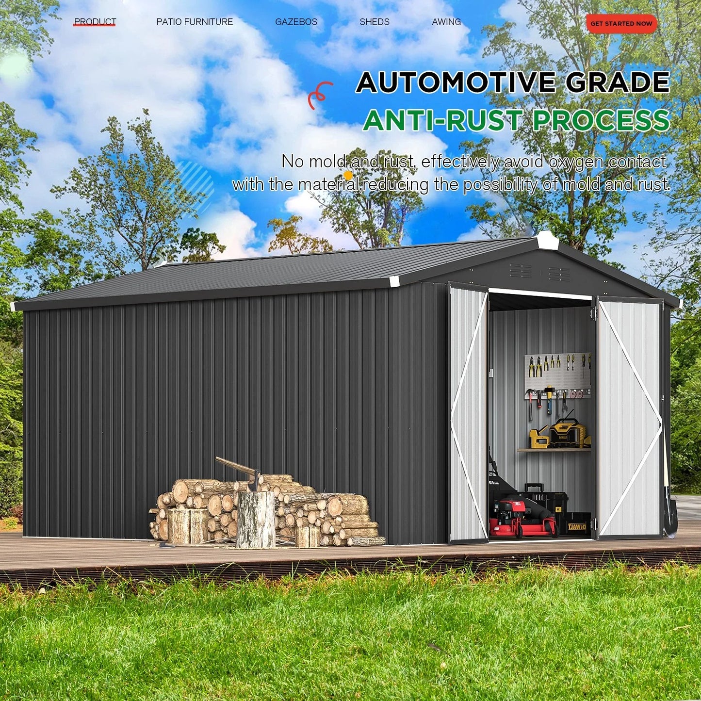 AECOJOY 10' x 14' Outdoor Storage Shed with Lockable Door Patio Metal Garden Storage Building in Dark Gray for Outside