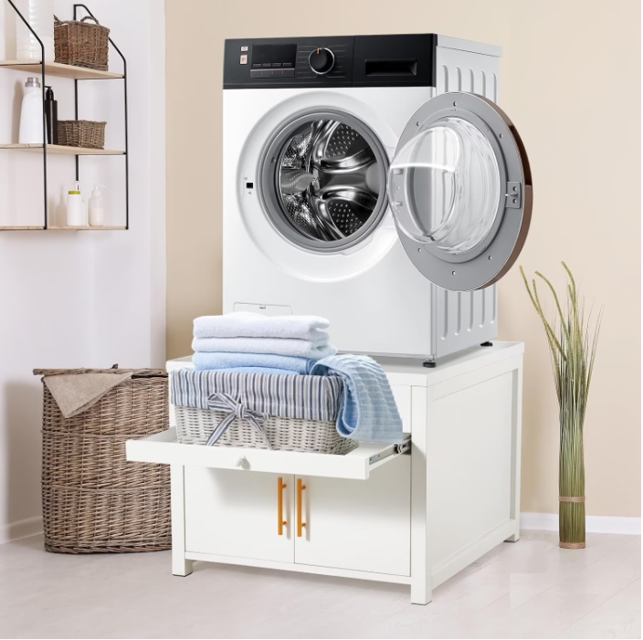 AECOJOY 700 LBS Capacity Heavy Duty Laundry Pedestal, Shock-Proof Washer Dryer Stand with Pull-Out Shelf, Hidden Storage and Drainage, White