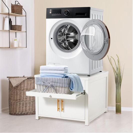 AECOJOY 700 LBS Capacity Heavy Duty Laundry Pedestal, Shock-Proof Washer Dryer Stand with Pull-Out Shelf, Hidden Storage and Drainage, White