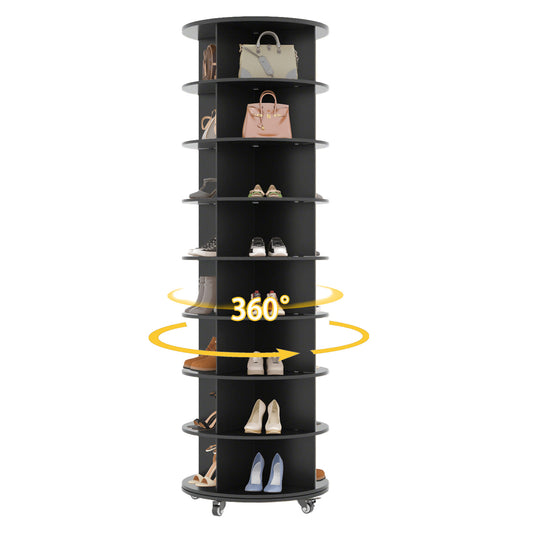 AECOJOY 8-Tier Rotating Shoe Rack with 4 Casters, 360° Spinning Organizer for Closet Storage, Black