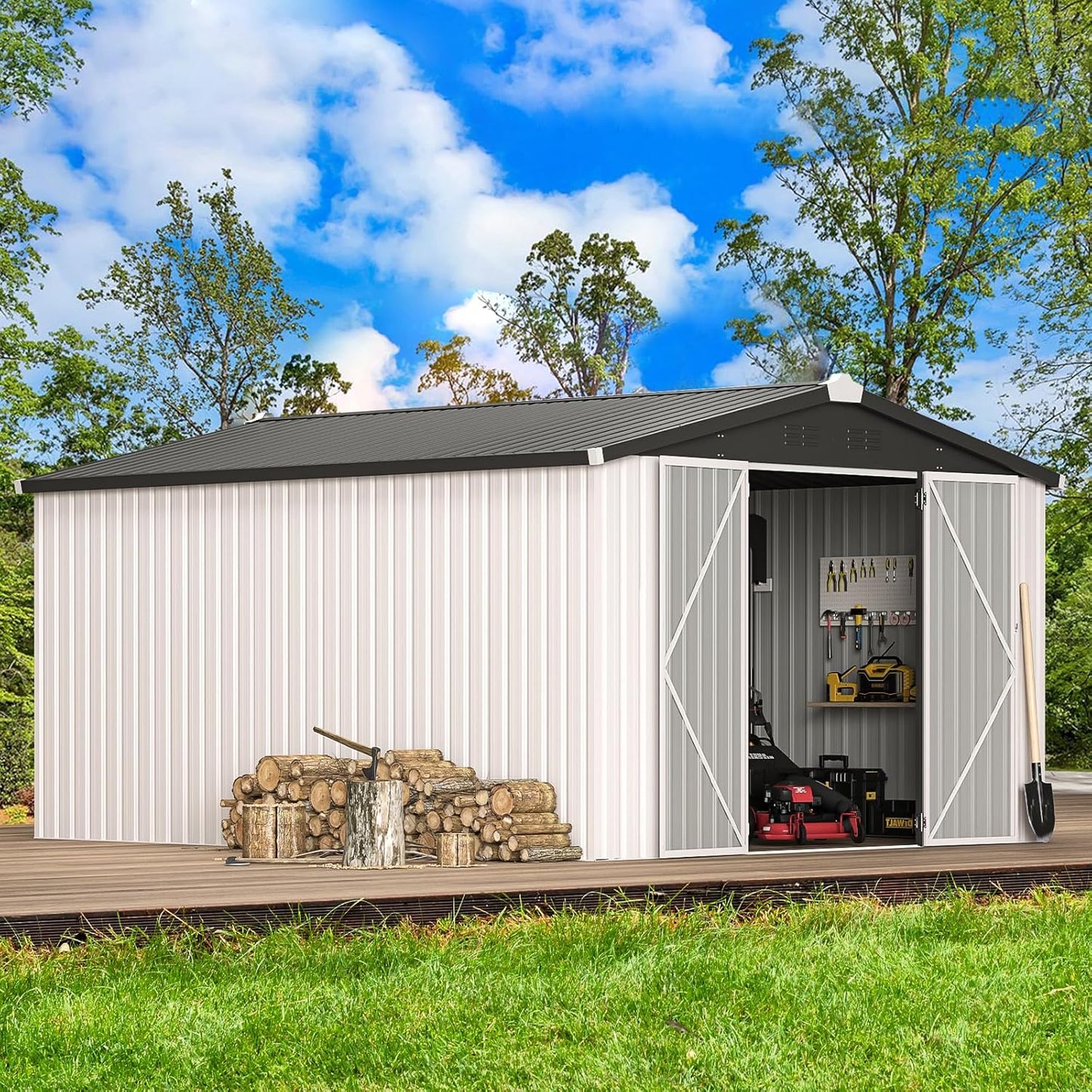 YODOLLA 10' x 14' Outdoor Storage Shed with Lockable Door Patio Metal Garden Storage Building in White for Garden, Outside& Backyard