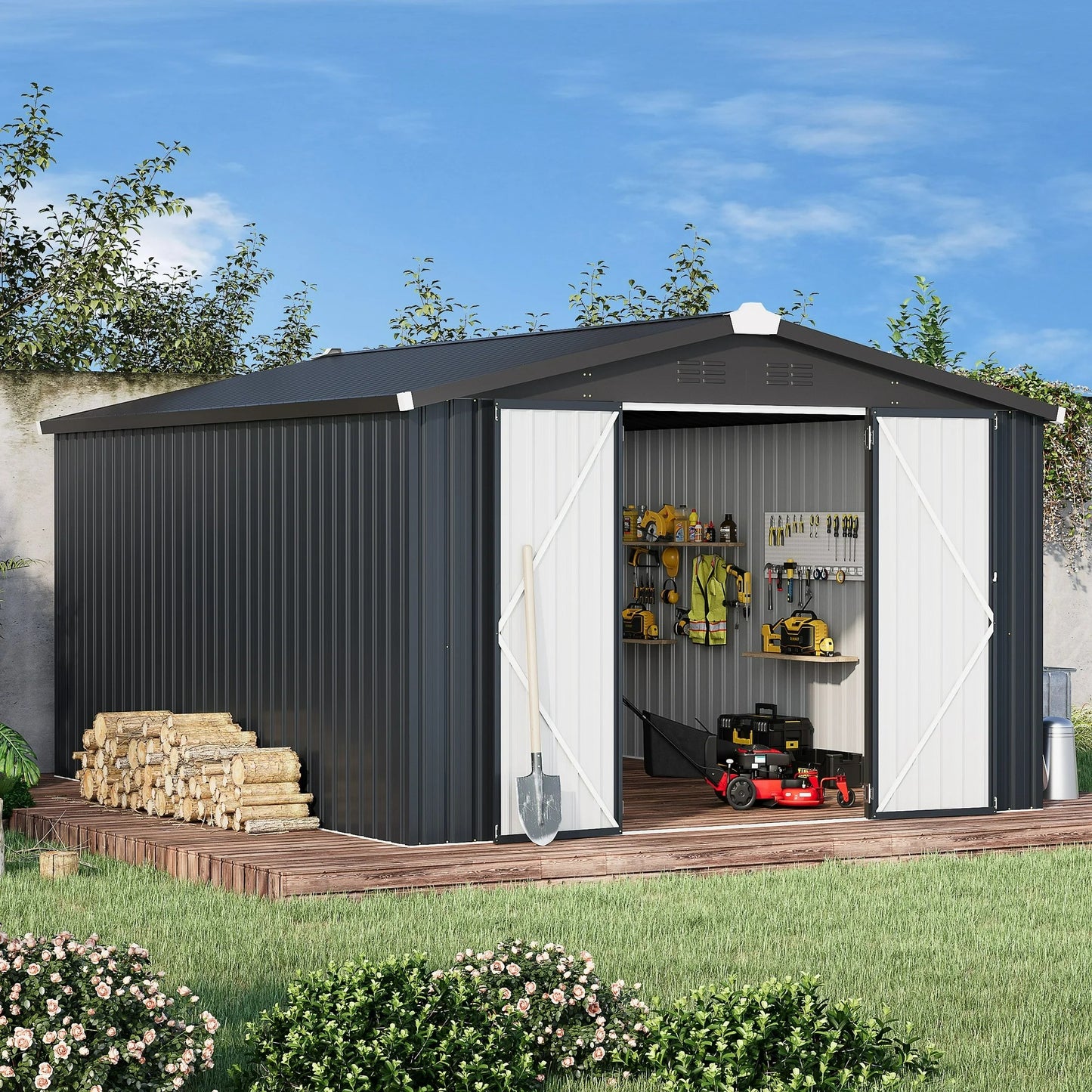 AECOJOY 10' x 14' Outdoor Storage Shed with Lockable Door Patio Metal Garden Storage Building in Dark Gray for Outside