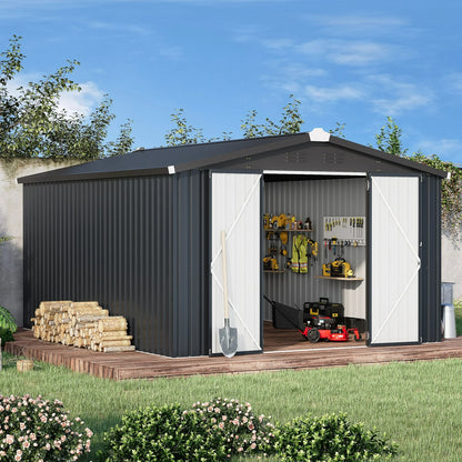 AECOJOY 10' x 14' Outdoor Storage Shed with Lockable Door Patio Metal Garden Storage Building in Dark Gray for Outside