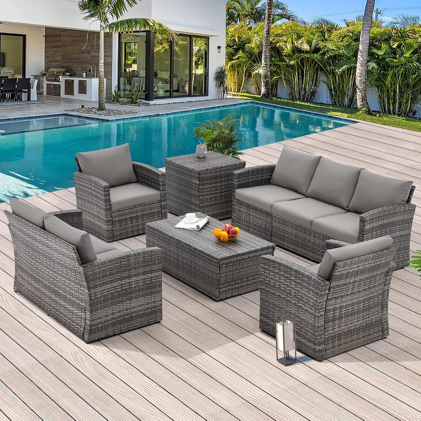 YODOLLA 7-Piece Patio Furniture Set with Storage on Sale, Rattan Wicker Outdoor Furniture with 2 Storage Boxes Outdoor Sectional Sofa Conversation Set in Gray Wicker& Gray Cushions