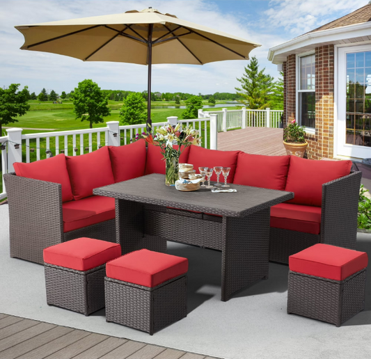 AECOJOY 7 Piece Patio Conversation Set, Outdoor Sectional Sofa Rattan Wicker Dining Furniture, Red