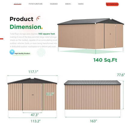 AECOJOY 10' x 14' Outdoor Storage Shed with Lockable Door Patio Metal Garden Storage Building in Brown for Outside