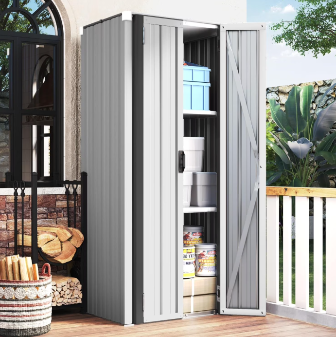 YODOLLA Outdoor Metal Storage, Cabinet with Adjustable Shelves & Locking Doors, for Home, Office,Garden, White