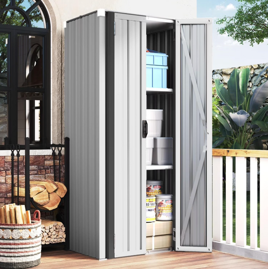 YODOLLA Outdoor Metal Storage, Cabinet with Adjustable Shelves & Locking Doors, for Home, Office,Garden, White