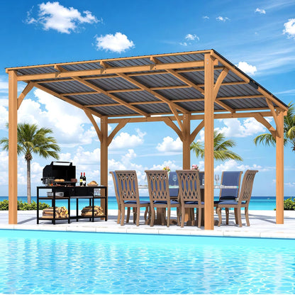 AECOJOY 12' x 10' Wood Gazebo, Outdoor Heavy Duty Wooden Pergola on Clearance, Patio Lean to Hardtop Awnings