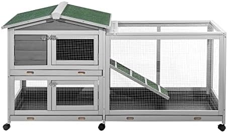 AECOJOY 61.5" Outdoor Wooden Rabbit Hutch, Two-Story Bunny Cage with Wheels, No-Leak Tray and Anti-Slip Ramp
