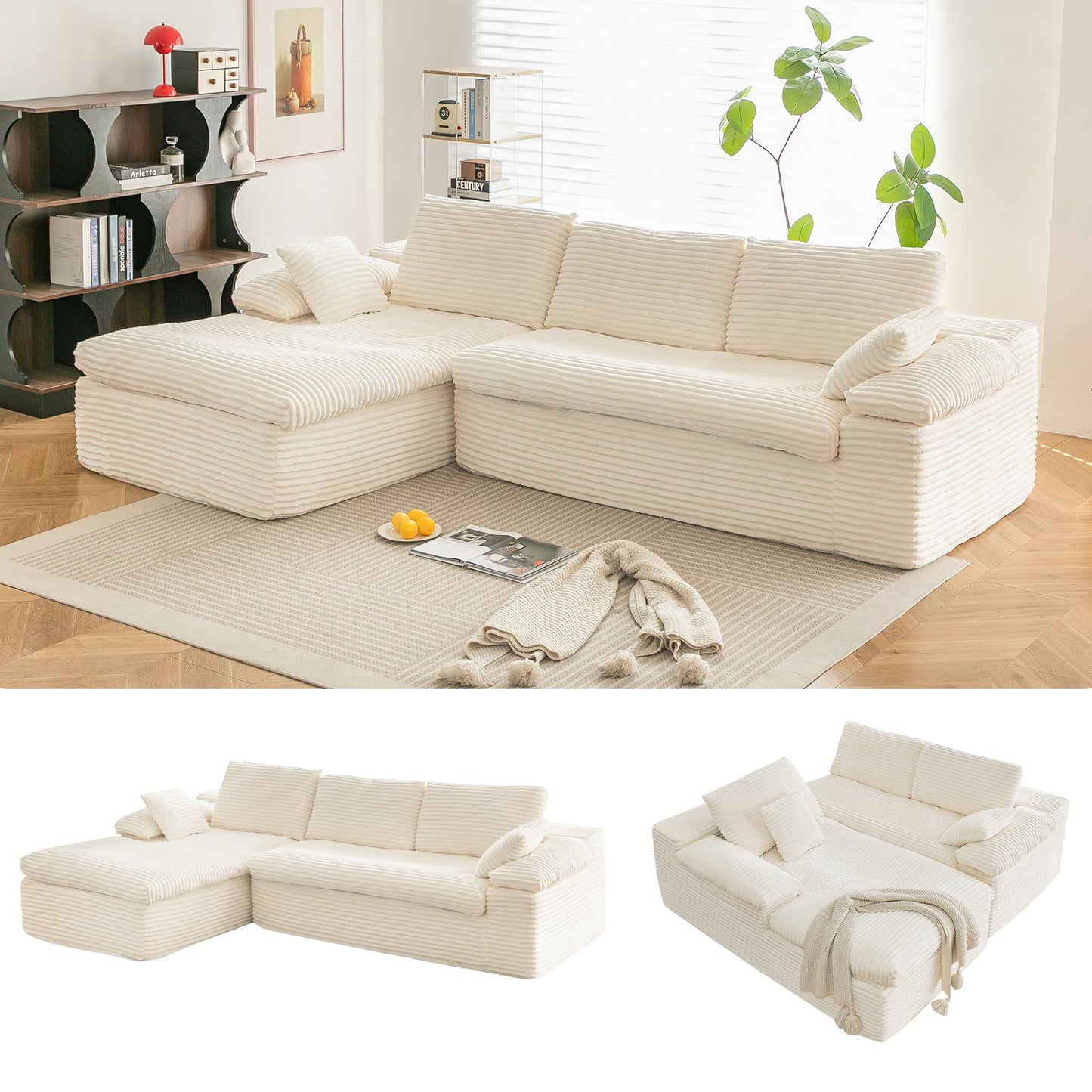 YODOLLA 110" L Shaped Modular Sectional Sofa for Living Room, Cloud Boneless Couch with Fluffy Seat Cushion, No Assembly Required, Corduroy, Beige