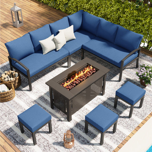 AECOJOY Patio Furniture Set with Fire Pit Table,Aluminum Outdoor Furniture Sets Clearance Metal Patio Sets on sale, Outdoor Conversation Sets, Navy