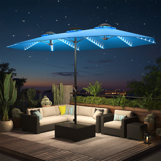 YODOLLA 15ft Patio Umbrella with Solar Lights, Outdoor Large Double Umbrella with 156 PCS LED Lights and Crank Handle for Backyard Deck Pool Shade, Blue