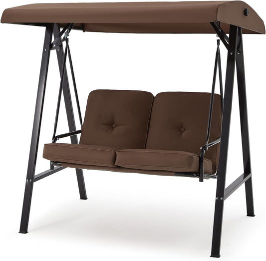 AECOJOY 2 Persons Outdoor Patio Canopy Steel Porch Swing Chair with Cover, Brown