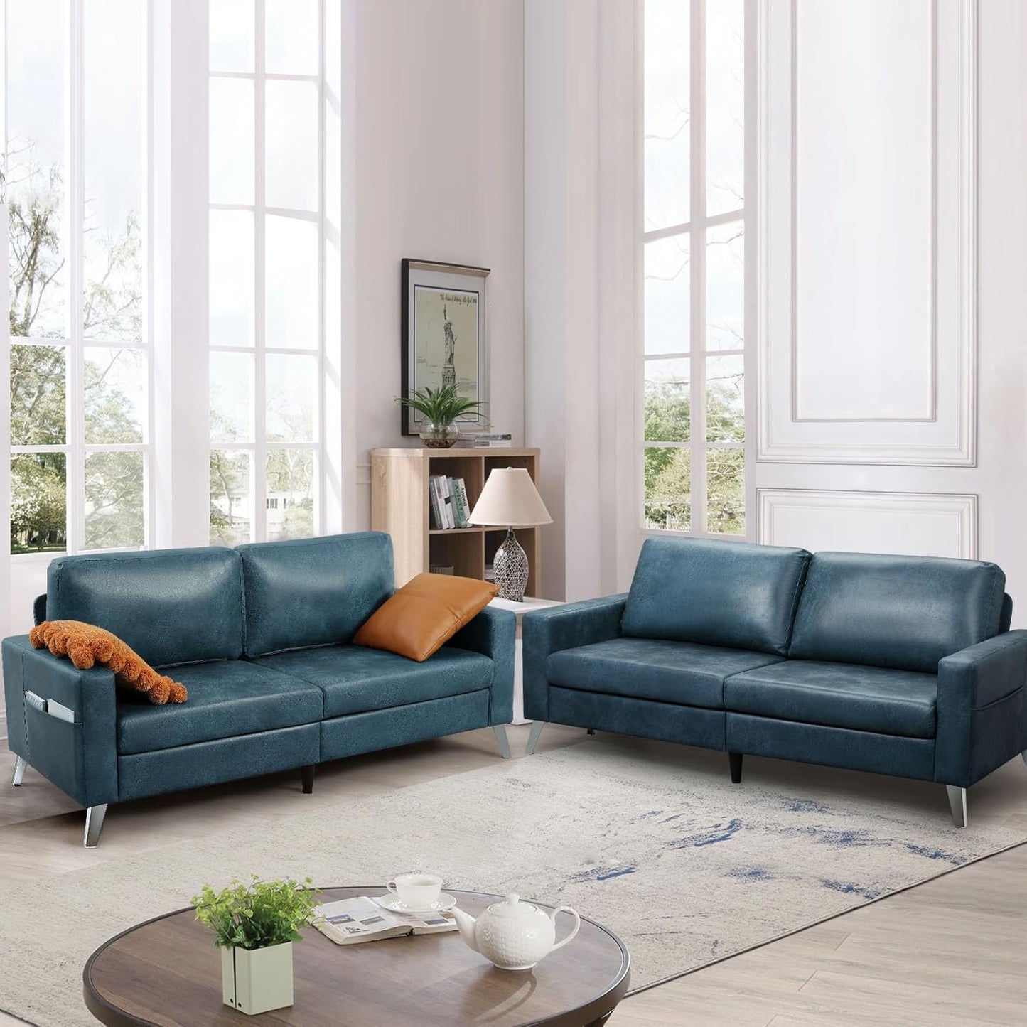 YODOLLA 2 Piece Modern Faux Leather Couch And Loveseat Set Blue