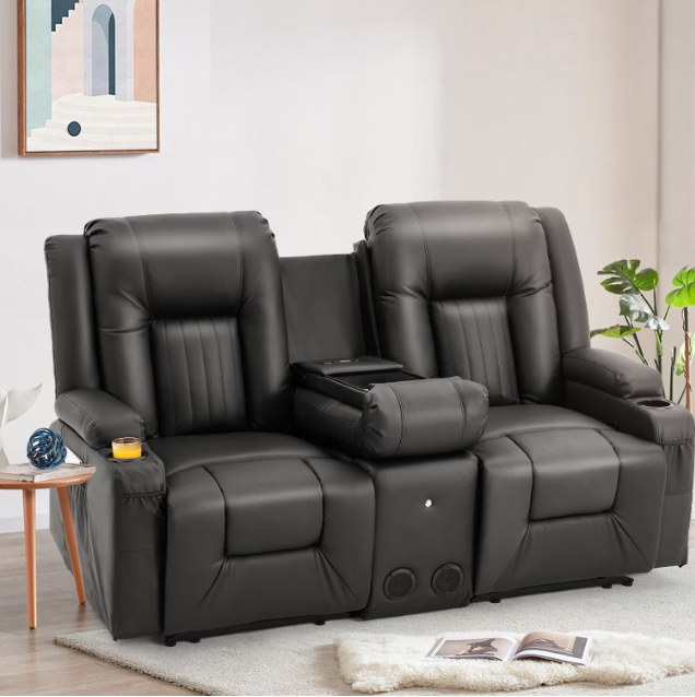 AECOJOY Loveseat Recliners with Console&Bluetooth Speakers, Recliner Chair Reclining Sofa with USB Ports&4 Cup Holders, 2 Side Pockets Wall Hugger Recliner Home Theater Seating, Fuax Leather, Black