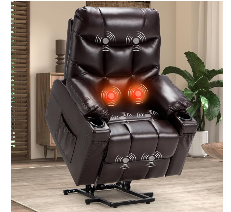 YODOLLA Large Power Lift Recliner for Elderly Heavy Duty Faux Leather Electric Lift Chair with Heated Vibration Massage in Brown