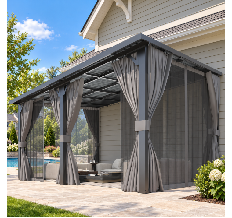 YODOLLA 14x10ft Wall-Mounted Hardtop Gazebo with Curtains and Netting, Heavy Duty Outdoor Pergola for Patio and Deck