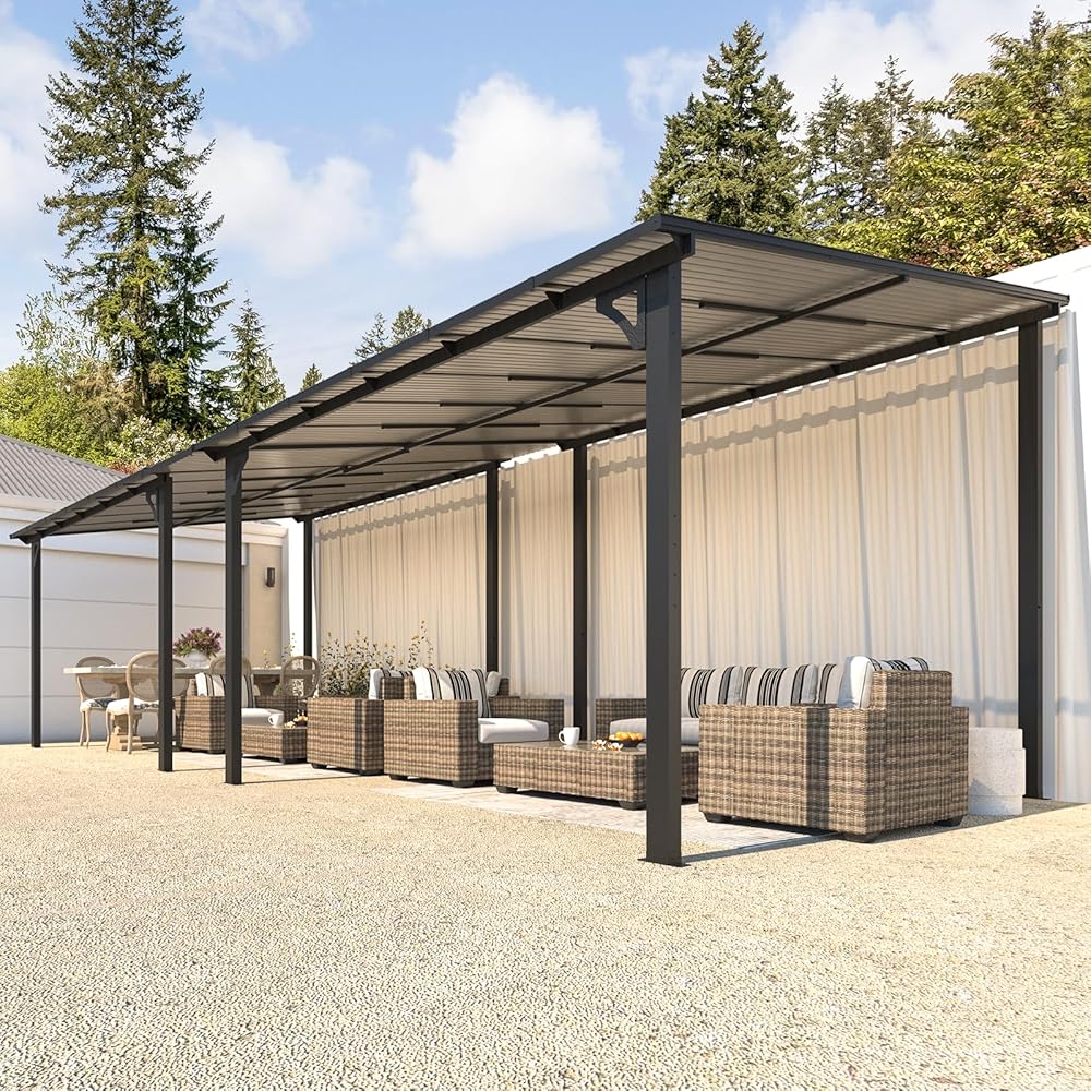 YODOLLA 10' x24' Hardtop Gazebo Outdoor Wall-Mounted Aluminum Pergola for Garden, Patio, Backyard-Gray