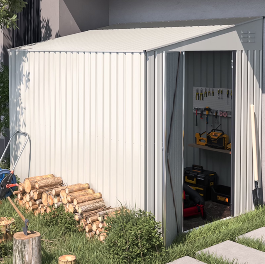 YODOLLA 8' x 6' Outdoor Storage Side Shed Metal Attached Lean-To Shed with Lockable Door for Backyard in White