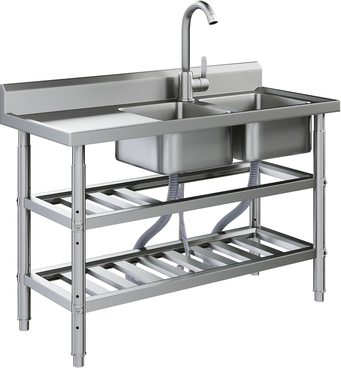 AECOJOY Stainless Steel Utility Sink,Freestanding Double Bowl Laundry Sink with Shelf Board,Outdoor Sink with Hose Hookup for Restaurant, Laundry Room, Garage, Commercial Kitchen