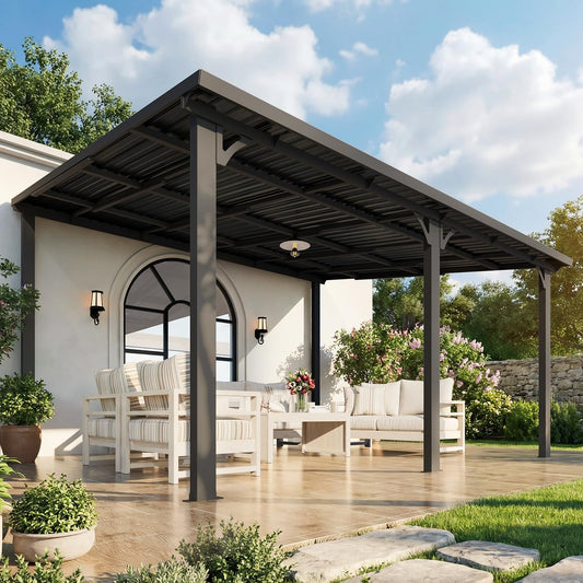 AECOJOY 14' x 12' Hardtop Patio Gazebo Wall Mounted, Heavy Duty Outdoor Pergola on Clearance with Galvanized Steel Roof, Waterproof Metal Grill Gazebo for Backyard