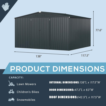 AECOJOY 12' x 10' Outdoor Storage Shed with Lockable Door Patio Metal Garden Storage Building in Dark Gray for Outside