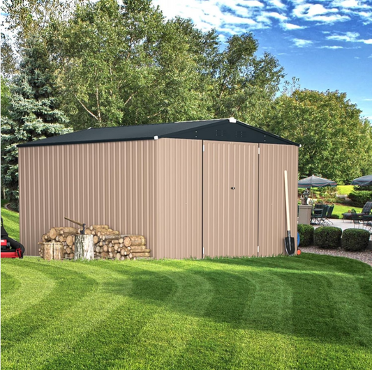 AECOJOY 10' x 10' Outdoor Storage Shed with Lockable Door Patio Metal Garden Storage Building in Brown for Outside