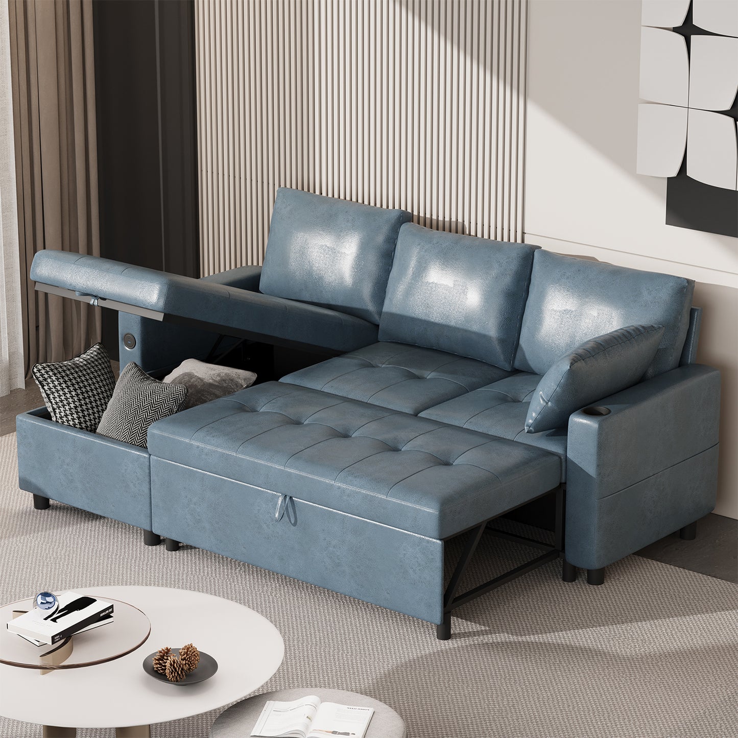 YODOLLA Modern Solid Print Metal Sofa Bed, 3 in 1 Sleeper Sofa with Storage Chair, Faux Leather L Shape Couch, Blue