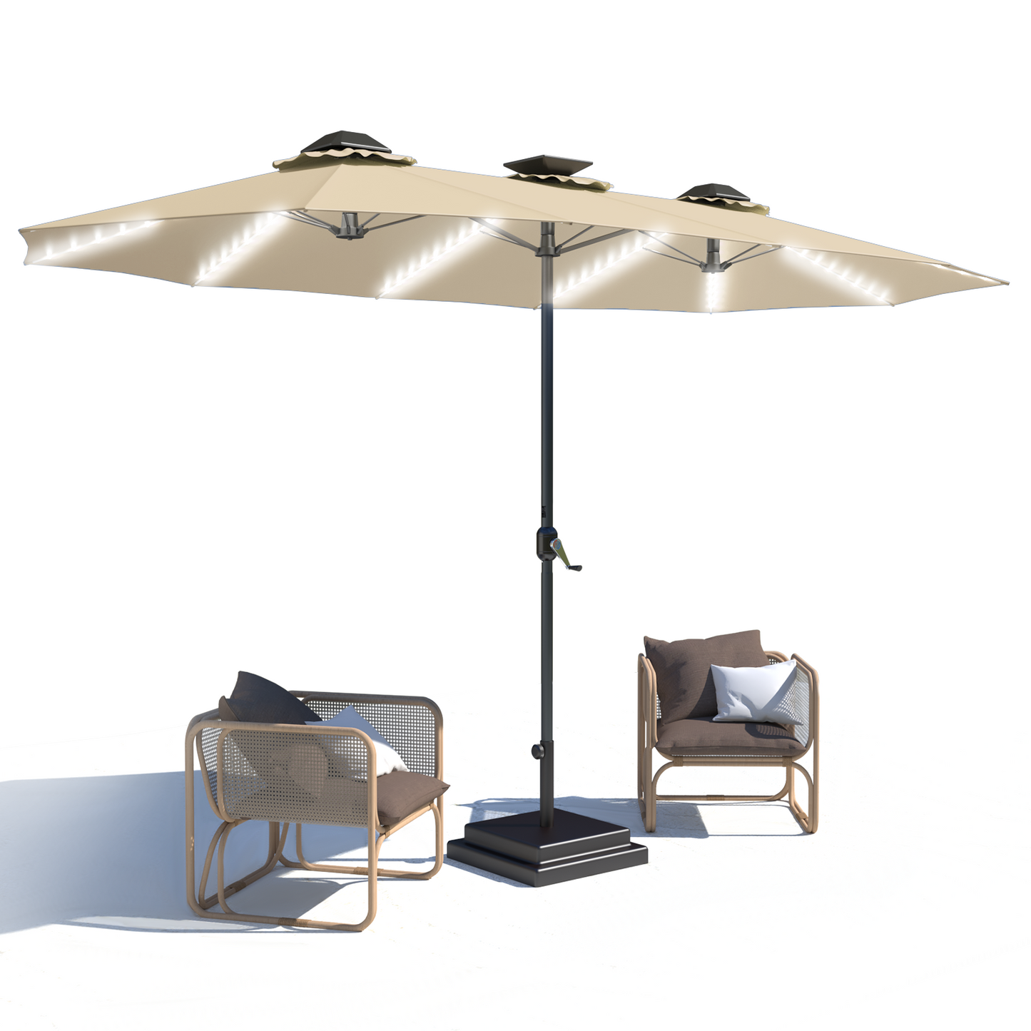 AECOJOY 15ft Patio Umbrella with Solar Lights,Outdoor Large Double Umbrella, Rectangle Table Umbrella with 156 PCS LED Lights and Crank Handle for Backyard Deck Pool Shade in Tan