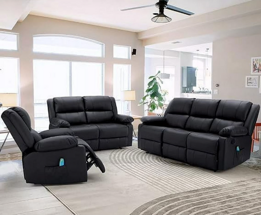 AECOJOY 3 Pieces Recliner Sofa Set with Massage Heated Function, Home Theater Seating Leather Couch Set with Side Pockets, Black