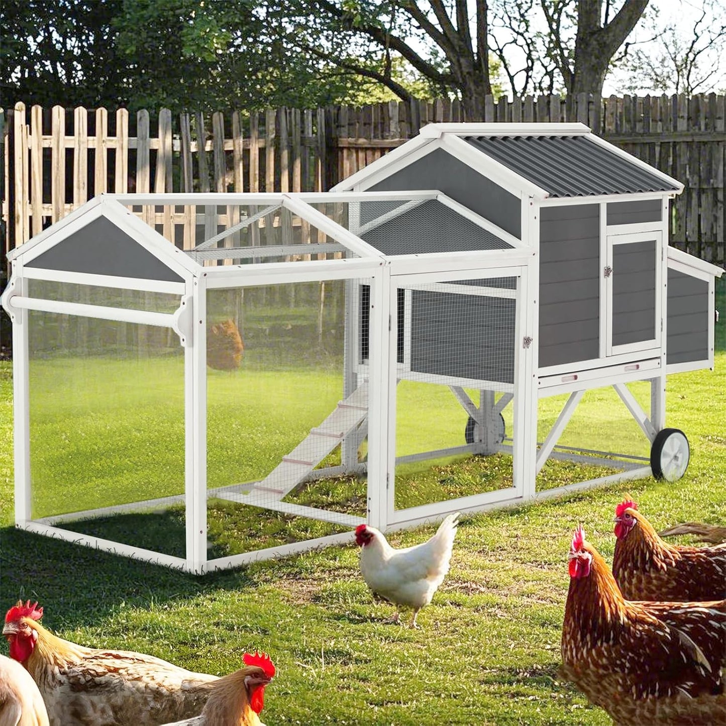 AECOJOY 95" Chicken Coop with Wheels, Hen House Wooden Chicken Hutch Poultry Cage w/Run, Nesting Boxes, Ramps, Removable Tray for Barkyard