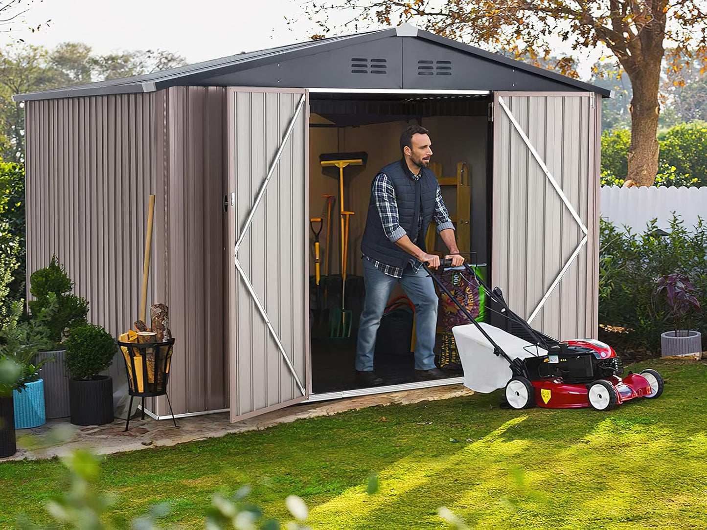 YODOLLA 10' x 8' Outdoor Metal Storage Shed in Brown Patio Storage Building with Lockable Door for Garden, Backyard