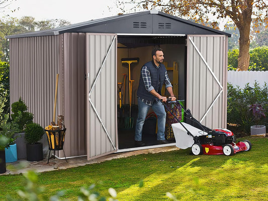 YODOLLA 10' x 8' Outdoor Metal Storage Shed in Brown Patio Storage Building with Lockable Door for Garden, Backyard