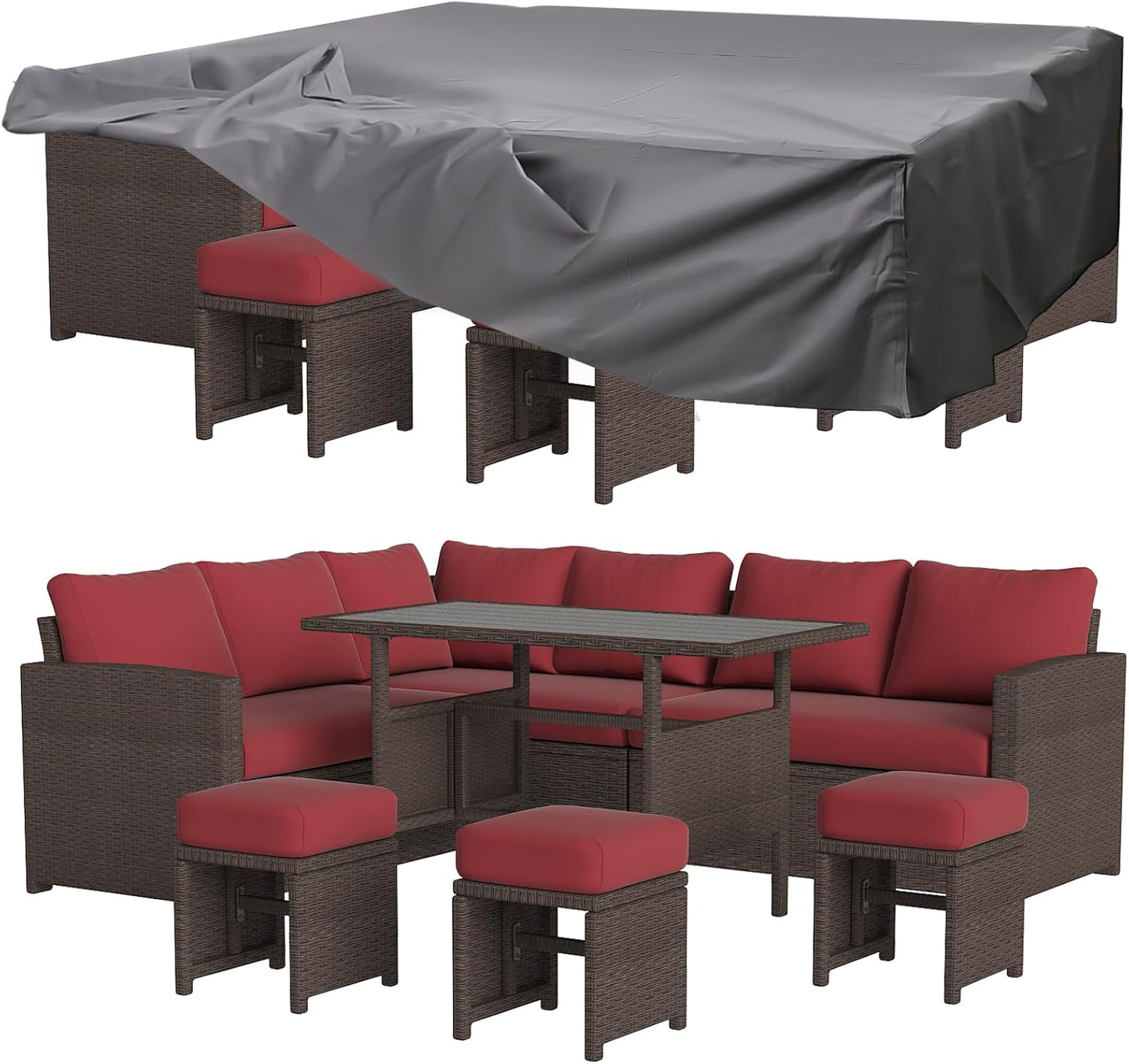 YODOLLA 7-Piece Patio Funiture Set w/ Weatherproof Protection Cover, Outdoor Sectional Sofa Couch with Dining Table, Patio Conversation Set in Brown Rattan& Wine Red Cushions