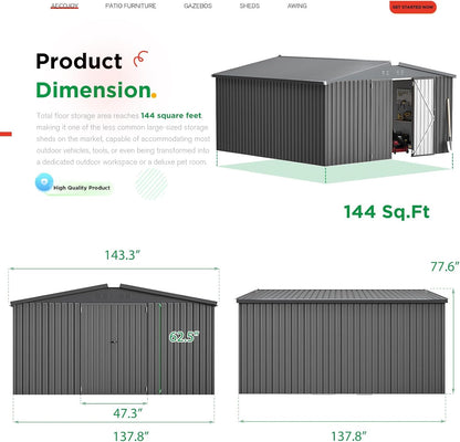 YODOLLA 12 x 12 ft. Outdoor Metal Storage Shed with Sliding Roof & Lockable Door in Dark Gray for Patio, Garden& Backyard