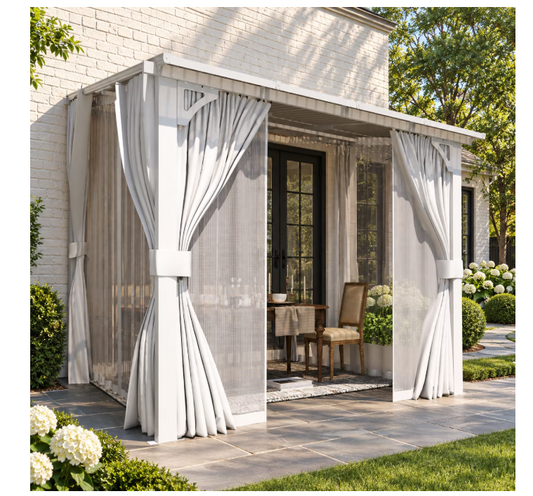 YODOLLA 8x8ft Wall-Mounted Hardtop Gazebo with Curtains and Mosquito Netting, Outdoor Pergola for Patio and Deck, White