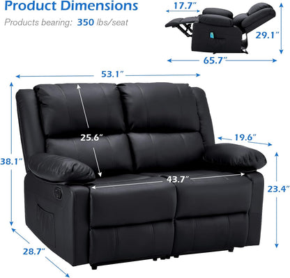 YODOLLA 2 Seat Leather Recliner Sofa with Massage Heated Function, Home Theater Seating Massage Reclining Loveseat Chair in Black