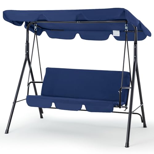 YODOLLA 3-Seat Outdoor Steel Porch Swing with Canopy, Swing Glider-Dark Blue, Free Standing Porch Swing
