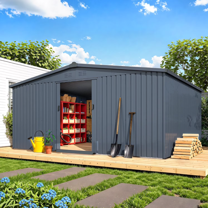 YODOLLA 12 x 14 ft. Outdoor Metal Storage Shed with Lockable Door Patio Garden Storage Building in Dark Gray for Outside