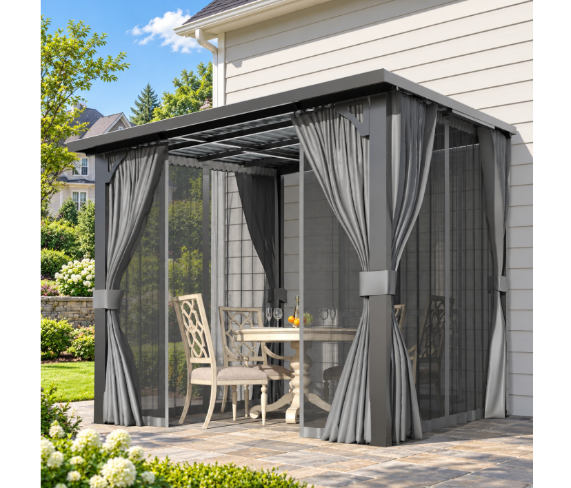 YODOLLA 8x8ft Wall-Mounted Hardtop Gazebo with Curtains and Netting, Heavy Duty Outdoor Pergola for Patio and Deck