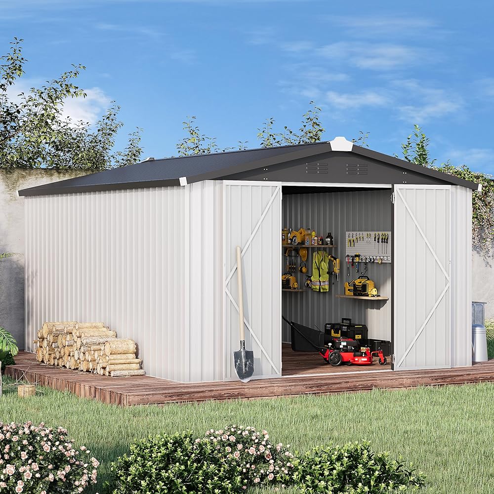 AECOJOY 10' x 14' Outdoor Storage Shed with Lockable Door Patio Metal Garden Storage Building in White for Outside