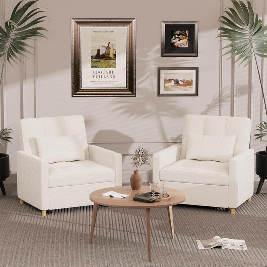 YODOLLA 31.5" Teddy Velvet Accent Chair with Pull Out Sleeper Sofa Bed, 3-in-1 Convertible Armchair for Living Room, White