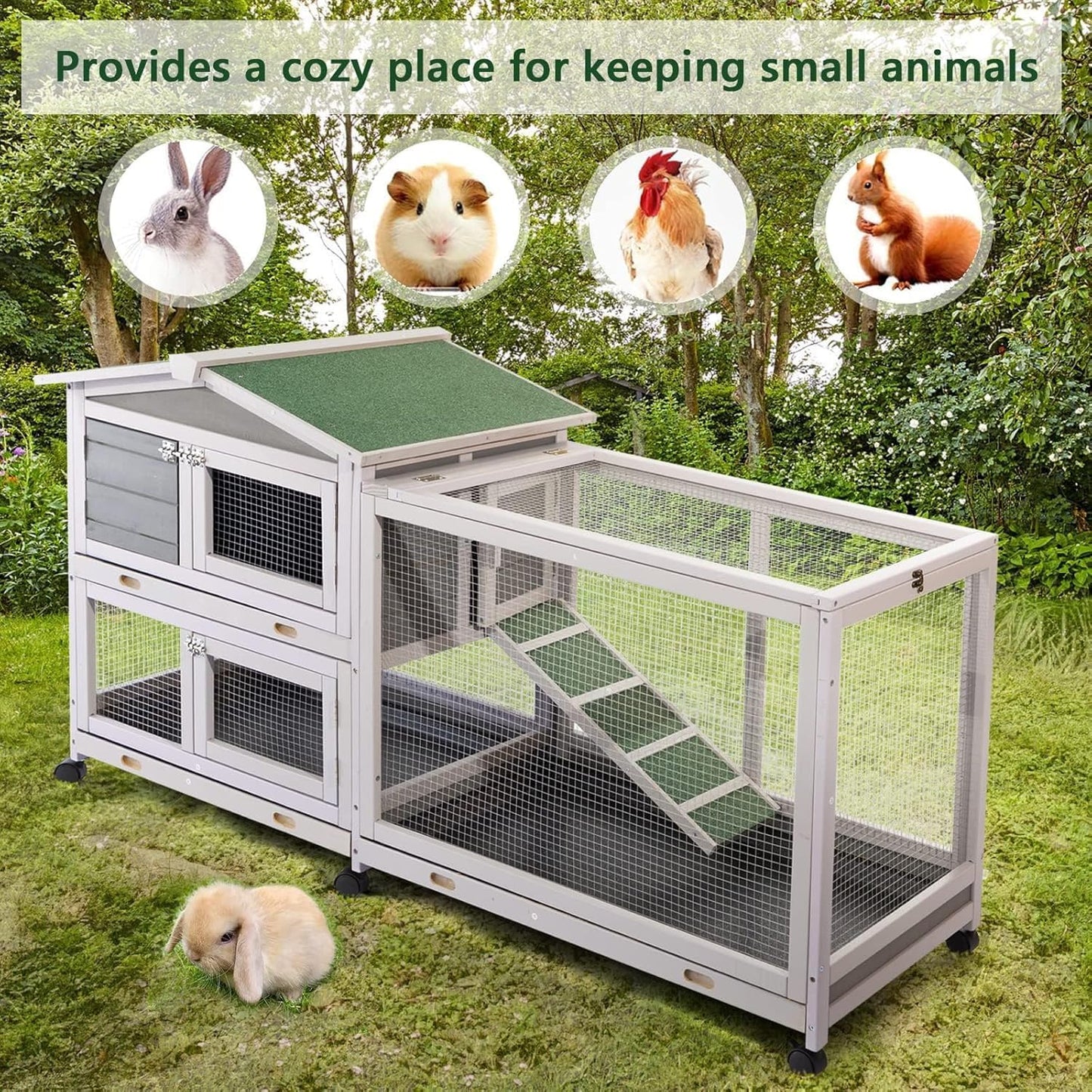 AECOJOY 61.5" Outdoor Wooden Rabbit Hutch, Two-Story Bunny Cage with Wheels, No-Leak Tray and Anti-Slip Ramp