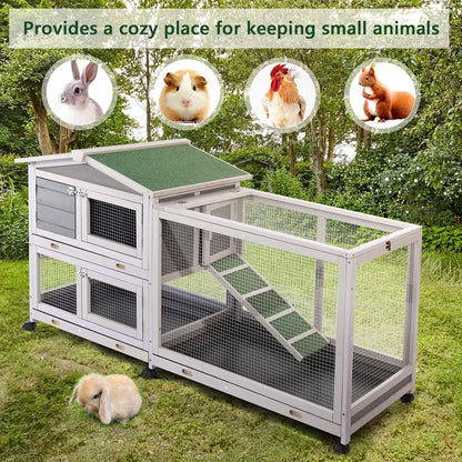 AECOJOY 61.5" Outdoor Wooden Rabbit Hutch, Two-Story Bunny Cage with Wheels, No-Leak Tray and Anti-Slip Ramp