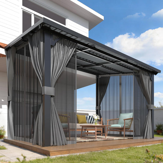 AECOJOY 12' x 8' Hardtop Patio Gazebo with Curtains and Netting, Wall Mounted Heavy Duty Outdoor Pergola on Clearance with Galvanized Steel Roof, Waterproof Metal Grill Gazebo for Backyard