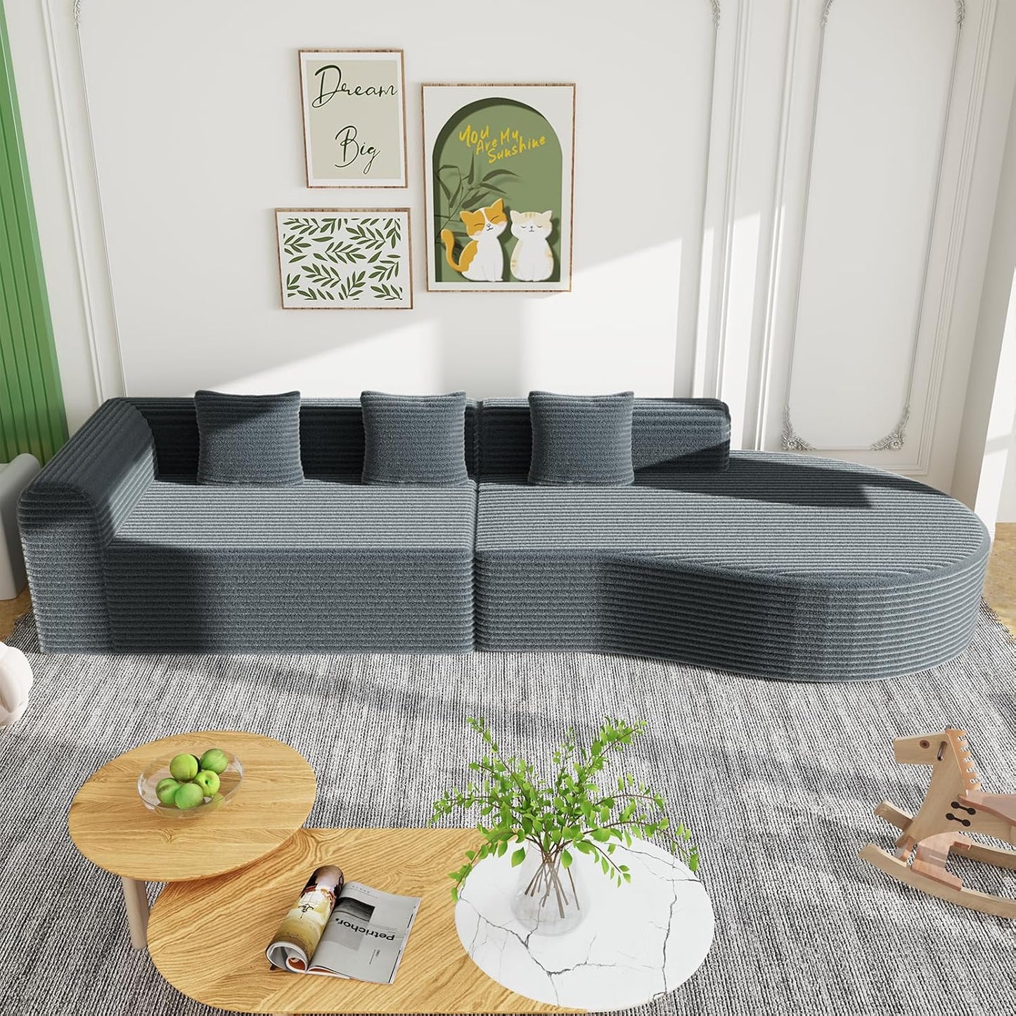 YODOLLA 134" Modular L-Shaped Sectional Sofa, 1400LBS Capacity with 3 Bolsters, Dark Grey