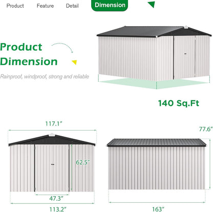 YODOLLA 10' x 14' Outdoor Storage Shed with Lockable Door Patio Metal Garden Storage Building in White for Garden, Outside& Backyard