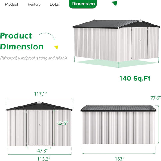 YODOLLA 10' x 14' Outdoor Storage Shed with Lockable Door Patio Metal Garden Storage Building in White for Garden, Outside& Backyard